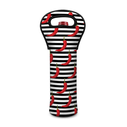 Black And White Striped Chili Print Single Neoprene Wine Tote