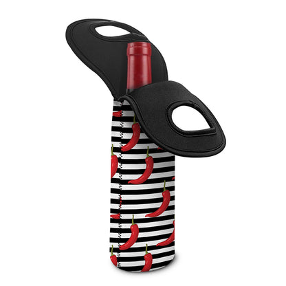Black And White Striped Chili Print Single Neoprene Wine Tote
