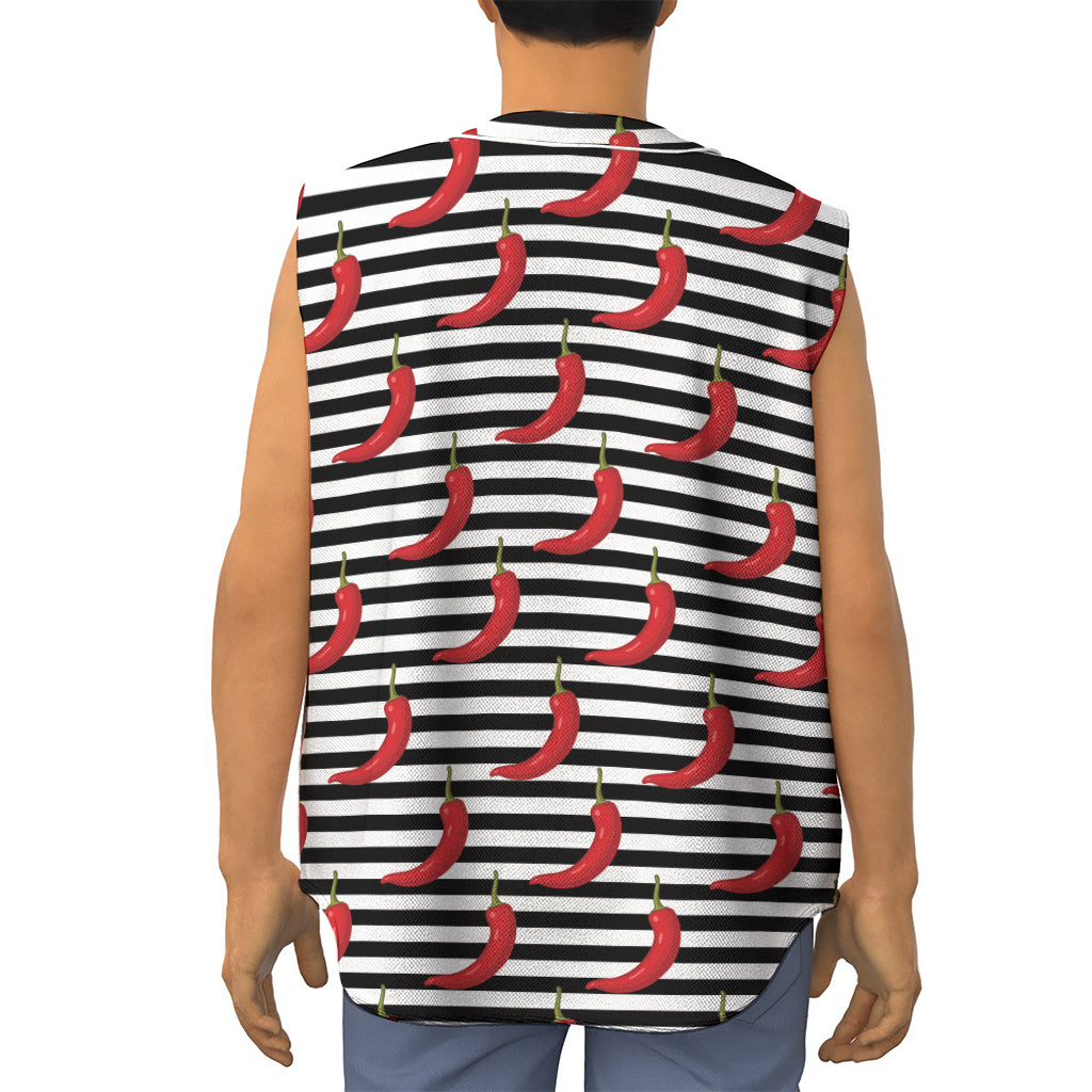 Black And White Striped Chili Print Sleeveless Baseball Jersey