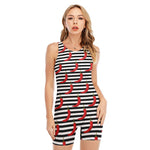 Black And White Striped Chili Print Sleeveless One Piece Swimsuit