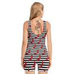 Black And White Striped Chili Print Sleeveless One Piece Swimsuit