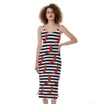 Black And White Striped Chili Print Slim Fit Midi Cami Dress