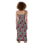 Black And White Striped Chili Print Slim Fit Midi Cami Dress