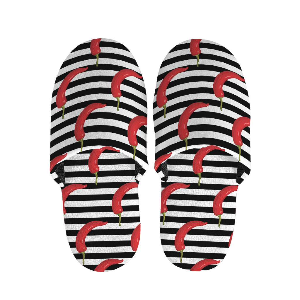 Black And White Striped Chili Print Slippers