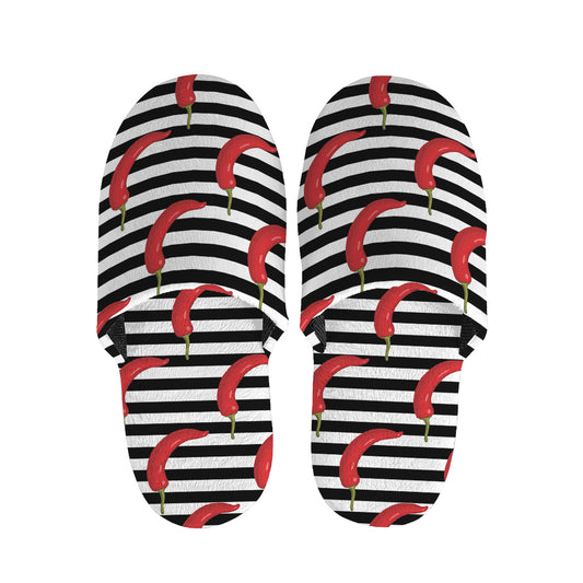 Black And White Striped Chili Print Slippers