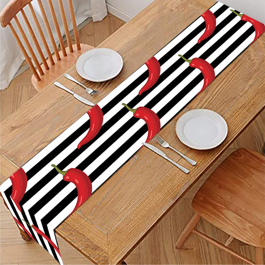 Black And White Striped Chili Print Table Runner