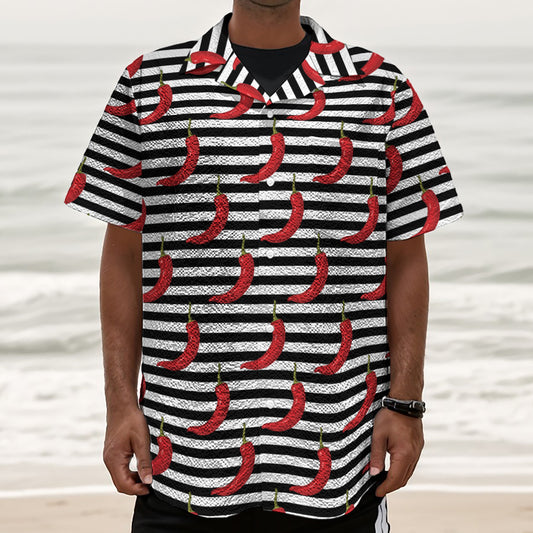 Black And White Striped Chili Print Textured Short Sleeve Shirt