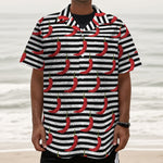 Black And White Striped Chili Print Textured Short Sleeve Shirt