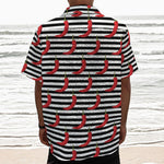 Black And White Striped Chili Print Textured Short Sleeve Shirt