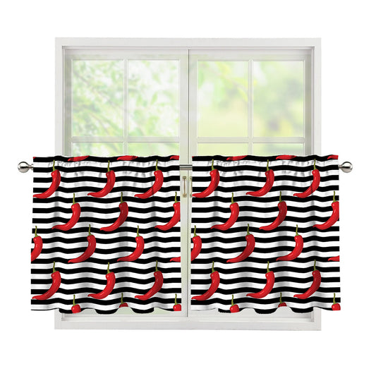 Black And White Striped Chili Print Tier Curtains