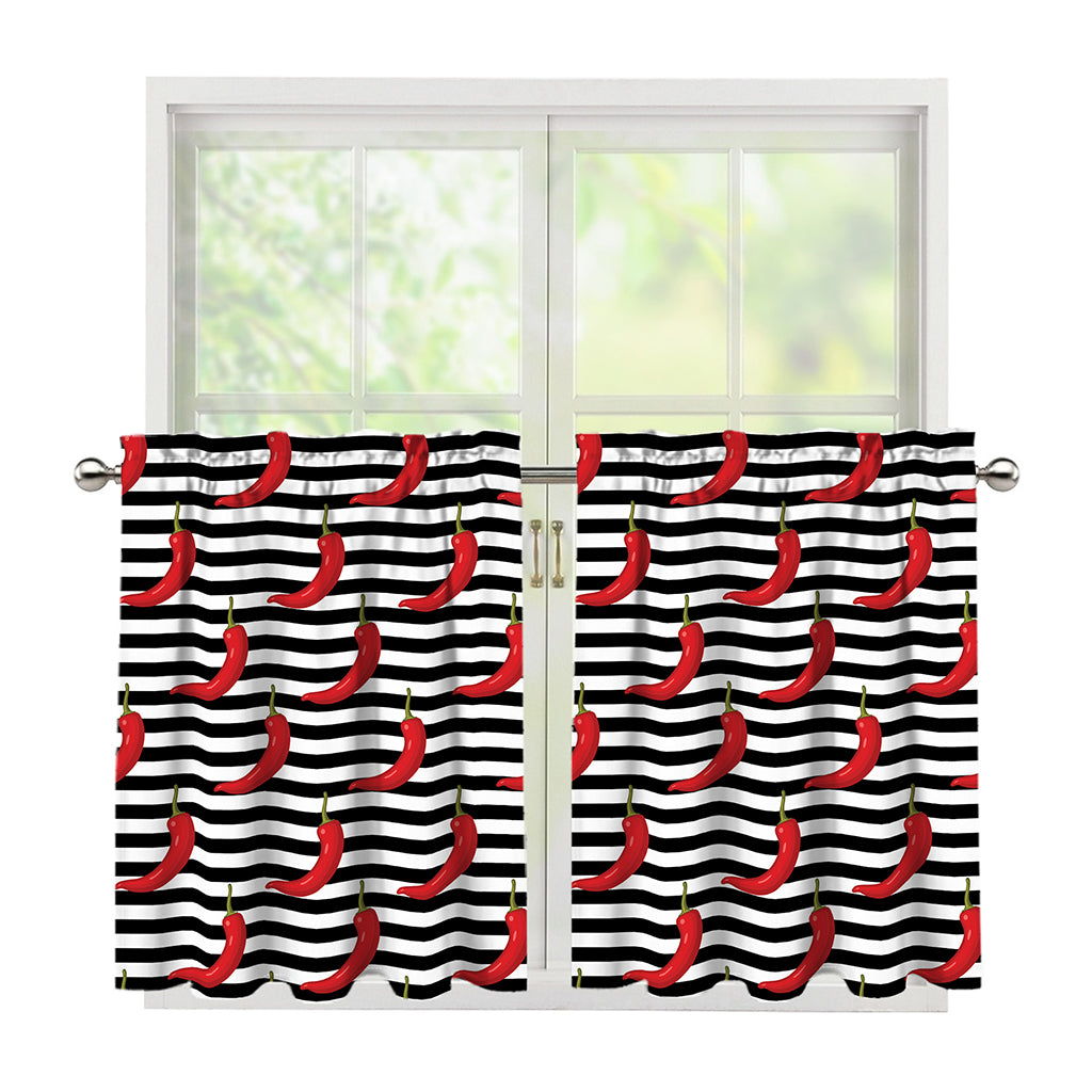 Black And White Striped Chili Print Tier Curtains