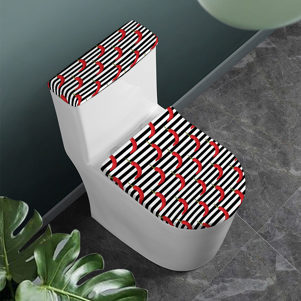 Black And White Striped Chili Print Toilet Lid And Tank Cover Set
