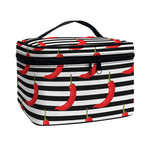 Black And White Striped Chili Print Travel Makeup Bag