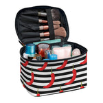 Black And White Striped Chili Print Travel Makeup Bag