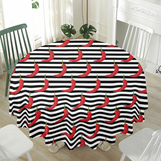 Black And White Striped Chili Print Waterproof Round Tablecloth
