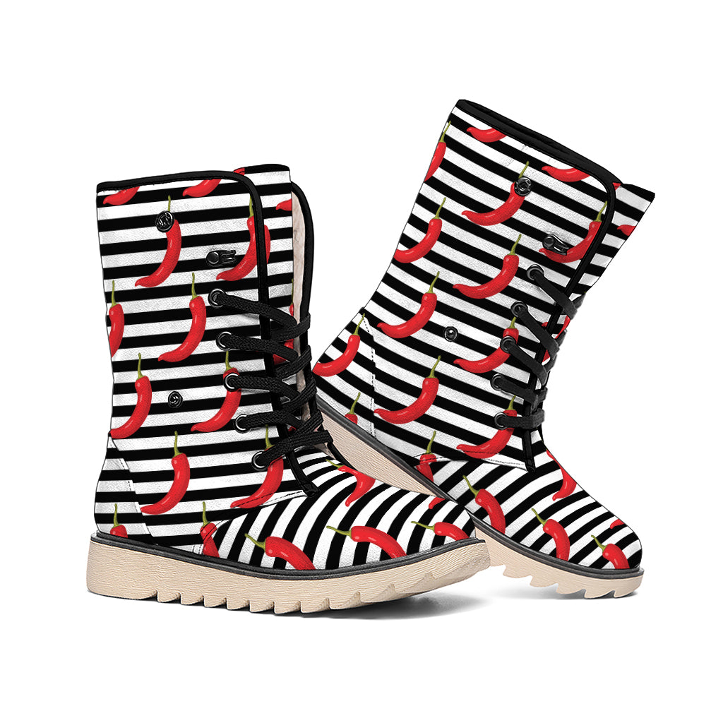 Black And White Striped Chili Print Winter Boots