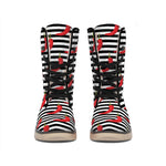 Black And White Striped Chili Print Winter Boots