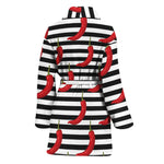 Black And White Striped Chili Print Women's Bathrobe