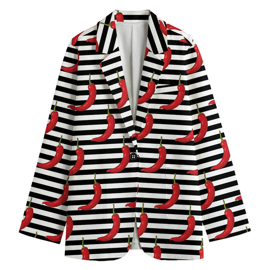 Black And White Striped Chili Print Women's Blazer
