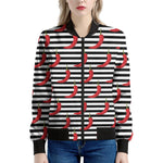 Black And White Striped Chili Print Women's Bomber Jacket