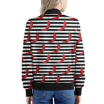 Black And White Striped Chili Print Women's Bomber Jacket