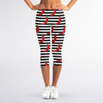 Black And White Striped Chili Print Women's Capri Leggings