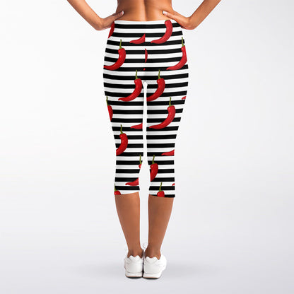 Black And White Striped Chili Print Women's Capri Leggings