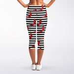 Black And White Striped Chili Print Women's Capri Leggings