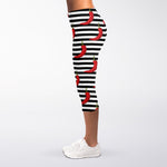 Black And White Striped Chili Print Women's Capri Leggings