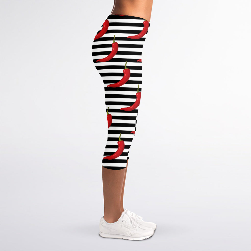 Black And White Striped Chili Print Women's Capri Leggings