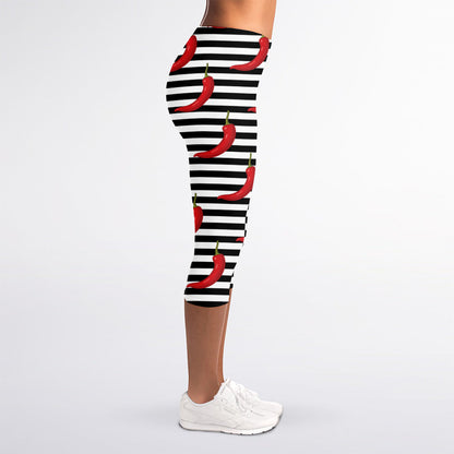 Black And White Striped Chili Print Women's Capri Leggings