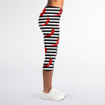 Black And White Striped Chili Print Women's Capri Leggings