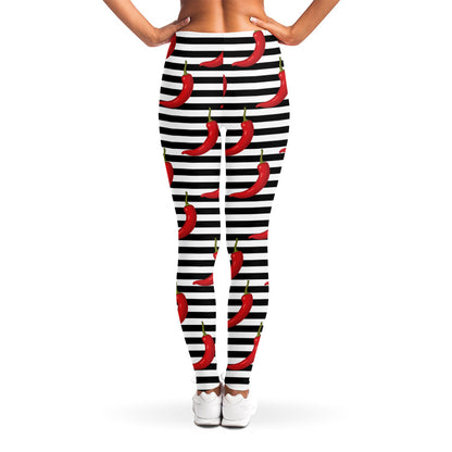 Black And White Striped Chili Print Women's Leggings