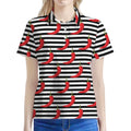 Black And White Striped Chili Print Women's Polo Shirt