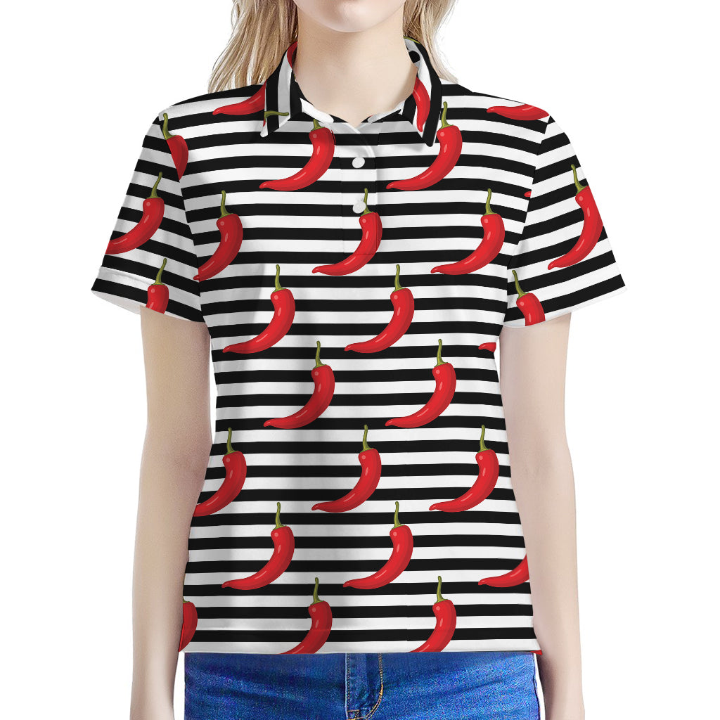 Black And White Striped Chili Print Women's Polo Shirt