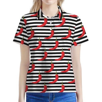 Black And White Striped Chili Print Women's Polo Shirt