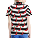 Black And White Striped Chili Print Women's Polo Shirt