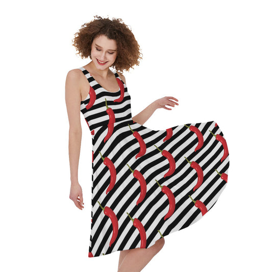 Black And White Striped Chili Print Women's Sleeveless Dress
