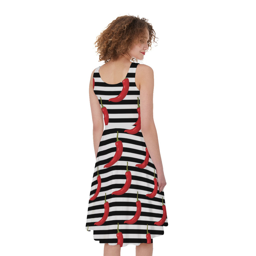 Black And White Striped Chili Print Women's Sleeveless Dress