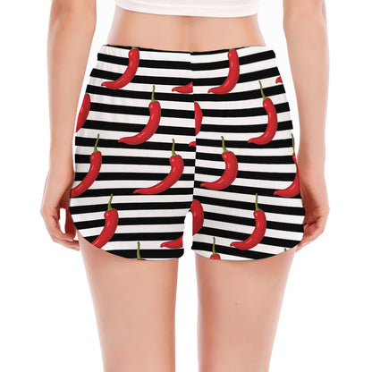 Black And White Striped Chili Print Women's Split Running Shorts
