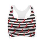 Black And White Striped Chili Print Women's Sports Bra