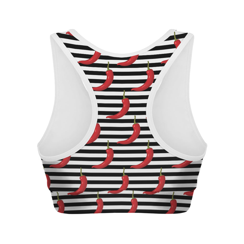Black And White Striped Chili Print Women's Sports Bra