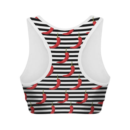 Black And White Striped Chili Print Women's Sports Bra
