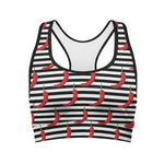 Black And White Striped Chili Print Women's Sports Bra