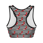 Black And White Striped Chili Print Women's Sports Bra