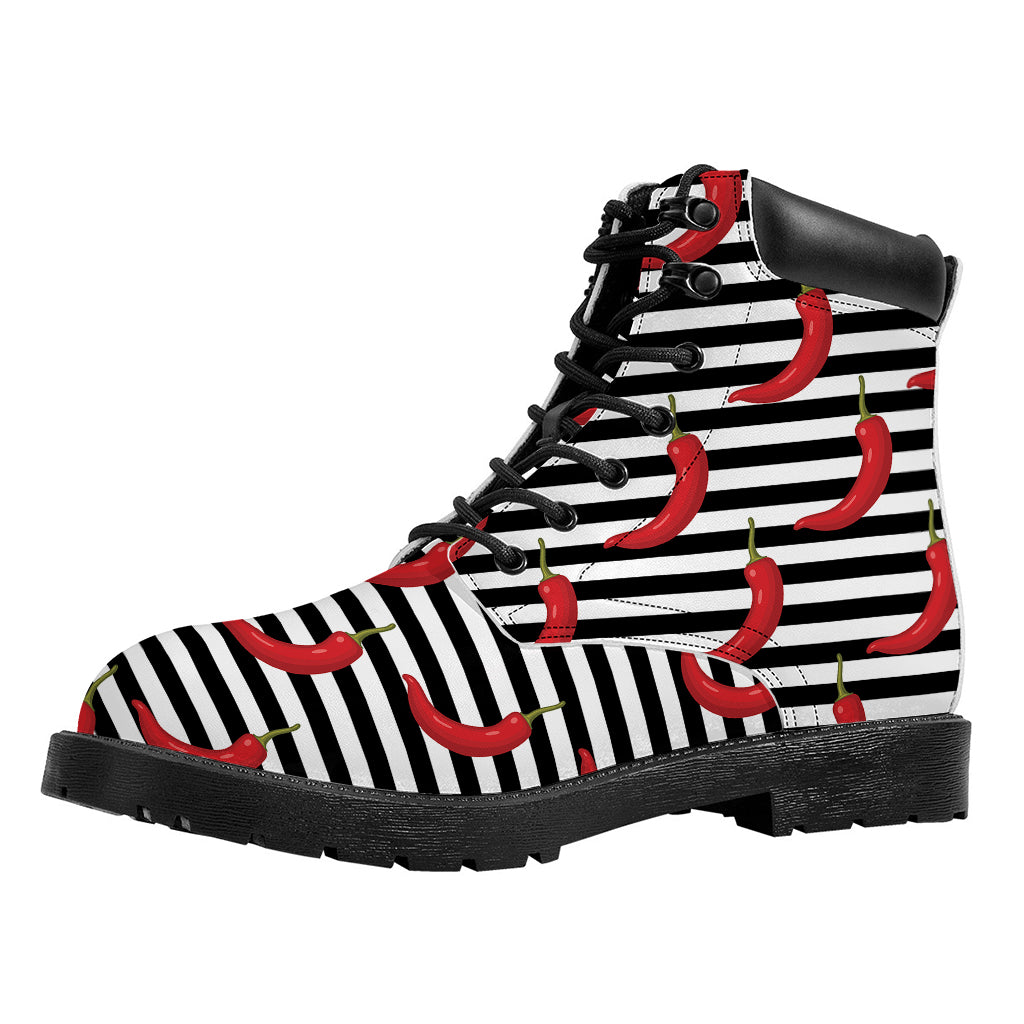 Black And White Striped Chili Print Work Boots