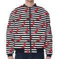 Black And White Striped Chili Print Zip Sleeve Bomber Jacket