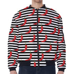 Black And White Striped Chili Print Zip Sleeve Bomber Jacket