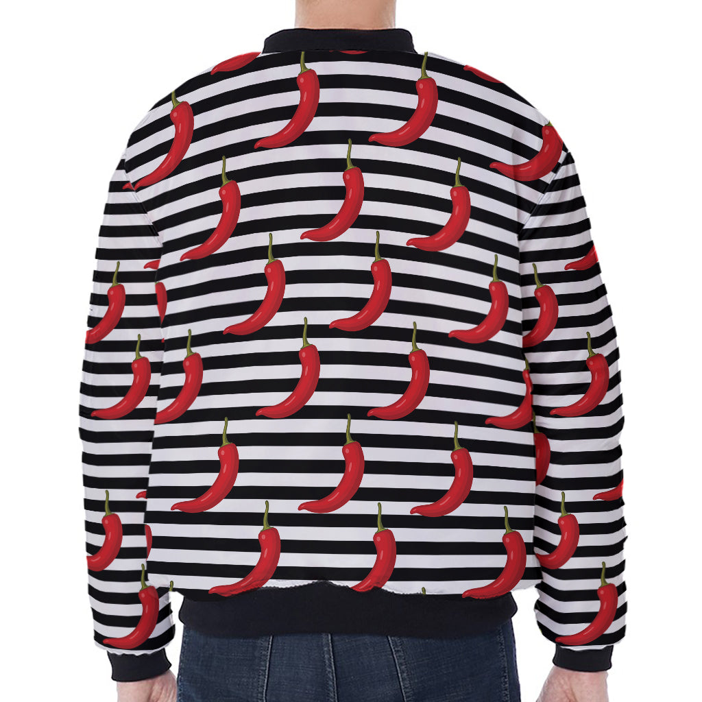 Black And White Striped Chili Print Zip Sleeve Bomber Jacket