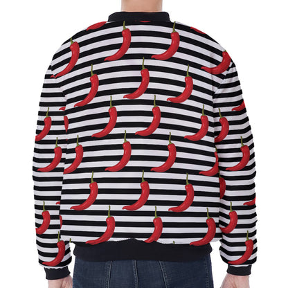 Black And White Striped Chili Print Zip Sleeve Bomber Jacket